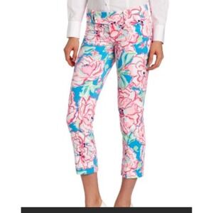 Lilly Pulitzer Capri Flutter Blue Lucky Charm Floral Print Pants Size 10